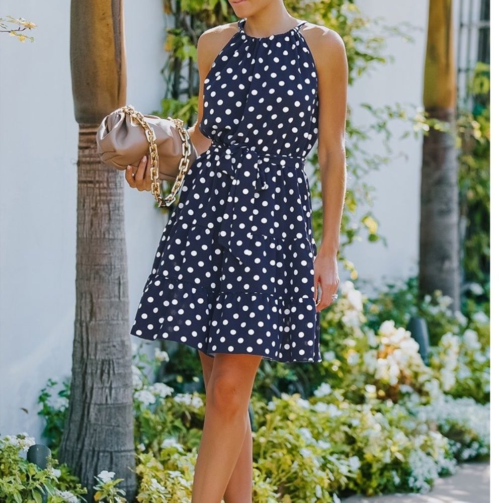 Polka Dot Halter Neck Ruffle Tie Dress